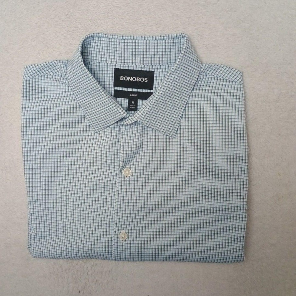 Bonobos Shirt Mens M Green Check Button-Up Slim Fit Stretch Easy Care Collared